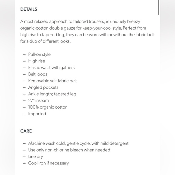 Garnet Hill Ahra Organic Cotton Trousers Size Small - Picture 16 of 16